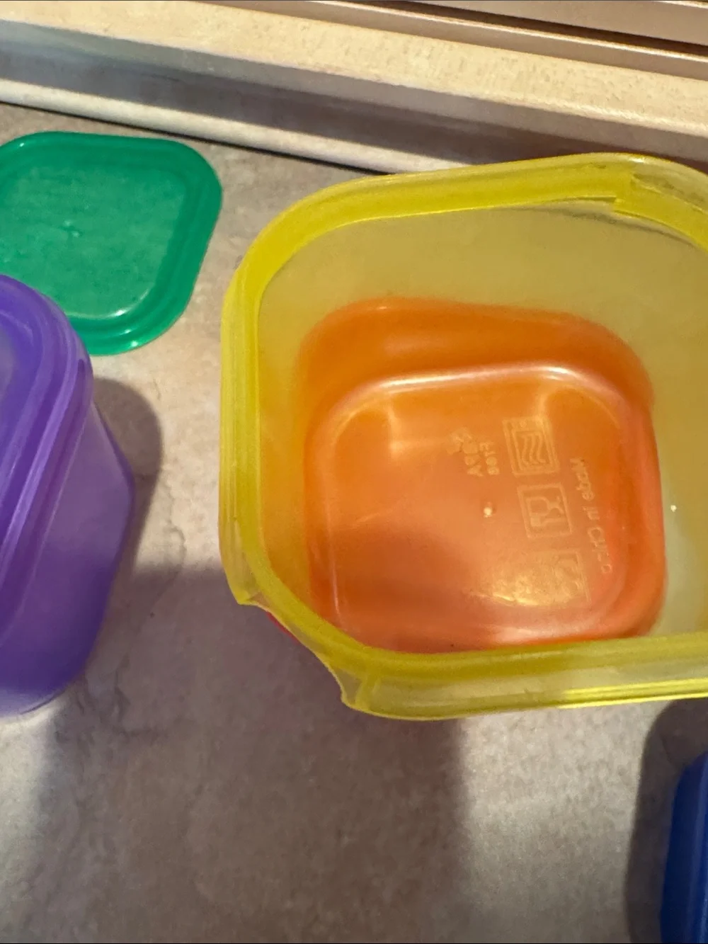 Colorful Stackable Plastic Snack Containers - Green, Purple, Red, Yellow, Blue